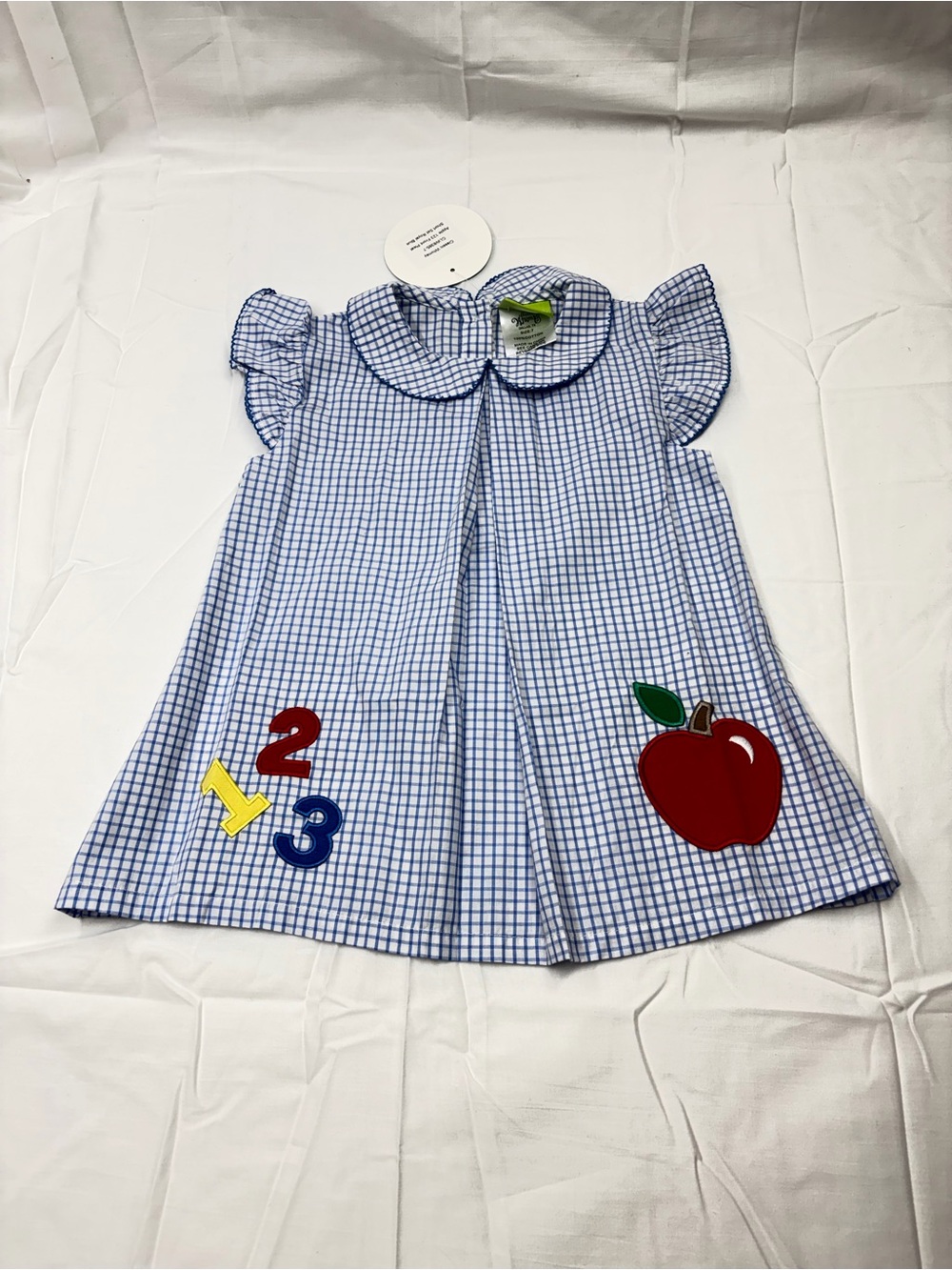 Classic Whimsy Blue Gingham Girl's Dress with Apple & Numbers Appliqué